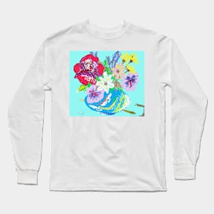 Turquoise Rose and Daisies Abstract Flowers in a vase Still life Painting Long Sleeve T-Shirt